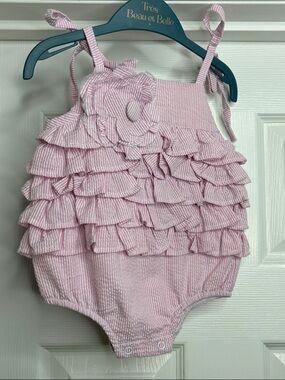 Mud Pie Pink Ruffled Seersucker Baby One-Piece